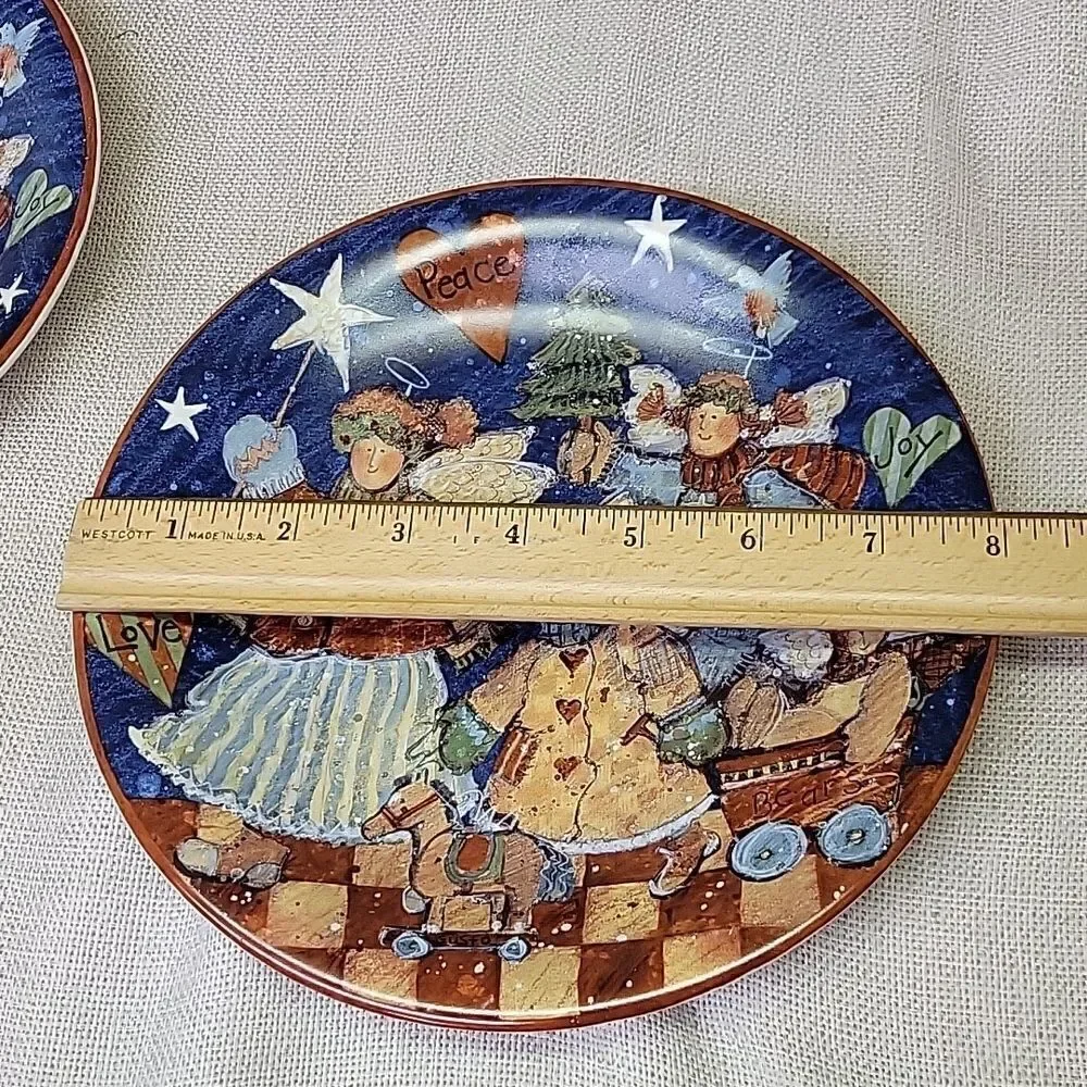 2 Folk‎ Angel by Certified Int. Salad Plate Susan Winget Angels & Stars On Blue